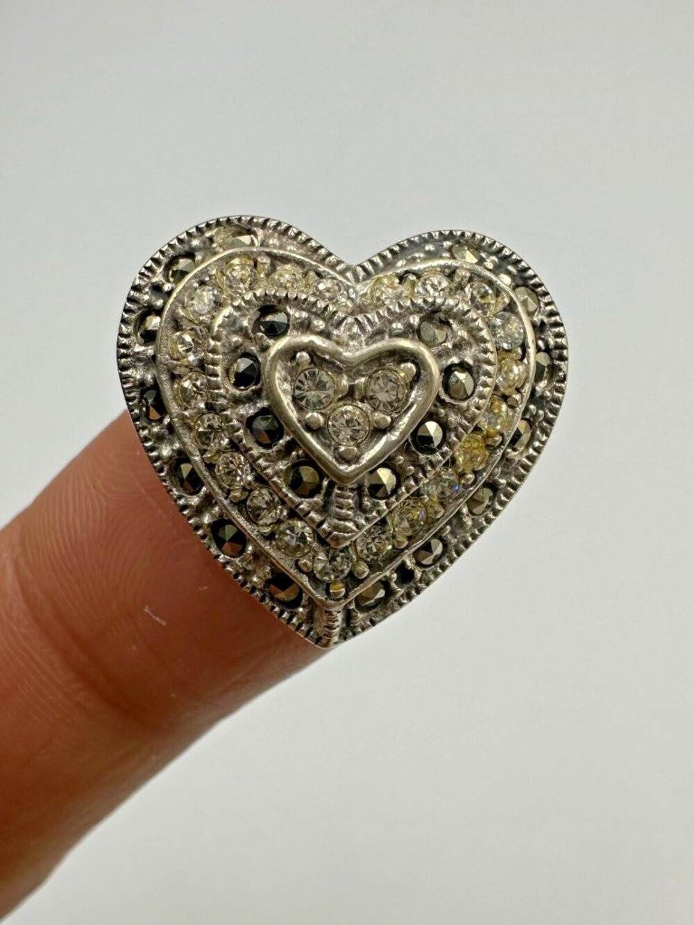 Sterling Silver Heart Pendant Necklace Marcasite Clear Crystal Accent 0.50 Inch